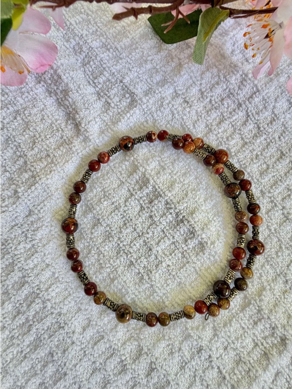 🐼 Beaded Brown Agate Choker Necklace with Silver-Tone Accents #0135